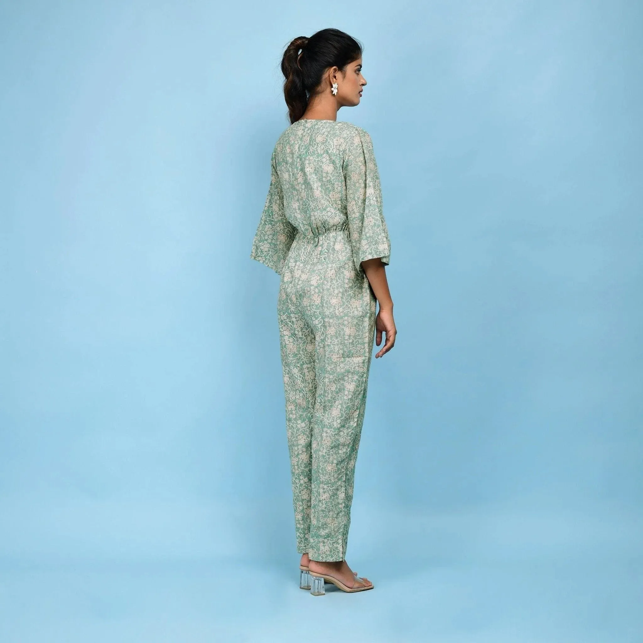 Sage Green Block Printed Ankle Length Cotton Jumpsuit