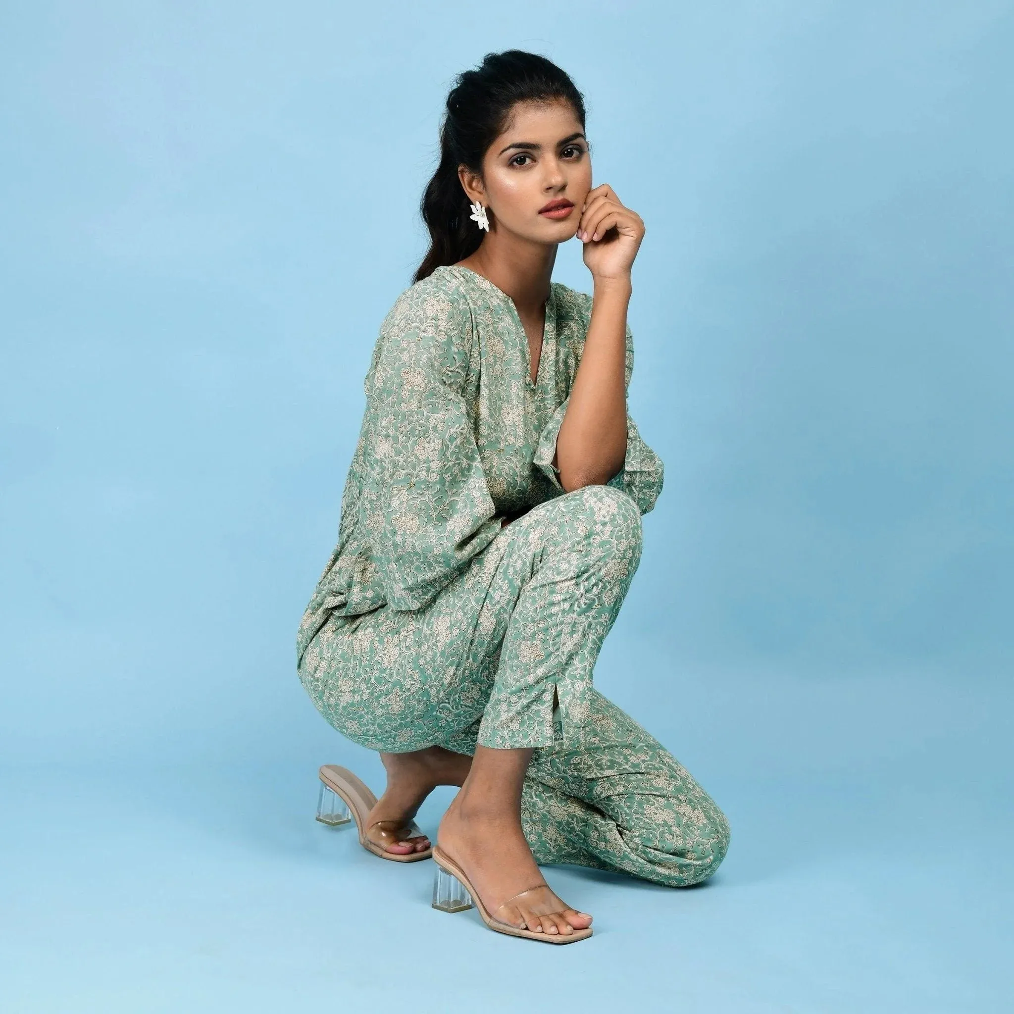 Sage Green Block Printed Ankle Length Cotton Jumpsuit