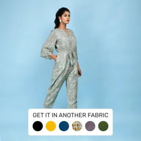 Sage Green Block Printed Ankle Length Cotton Jumpsuit