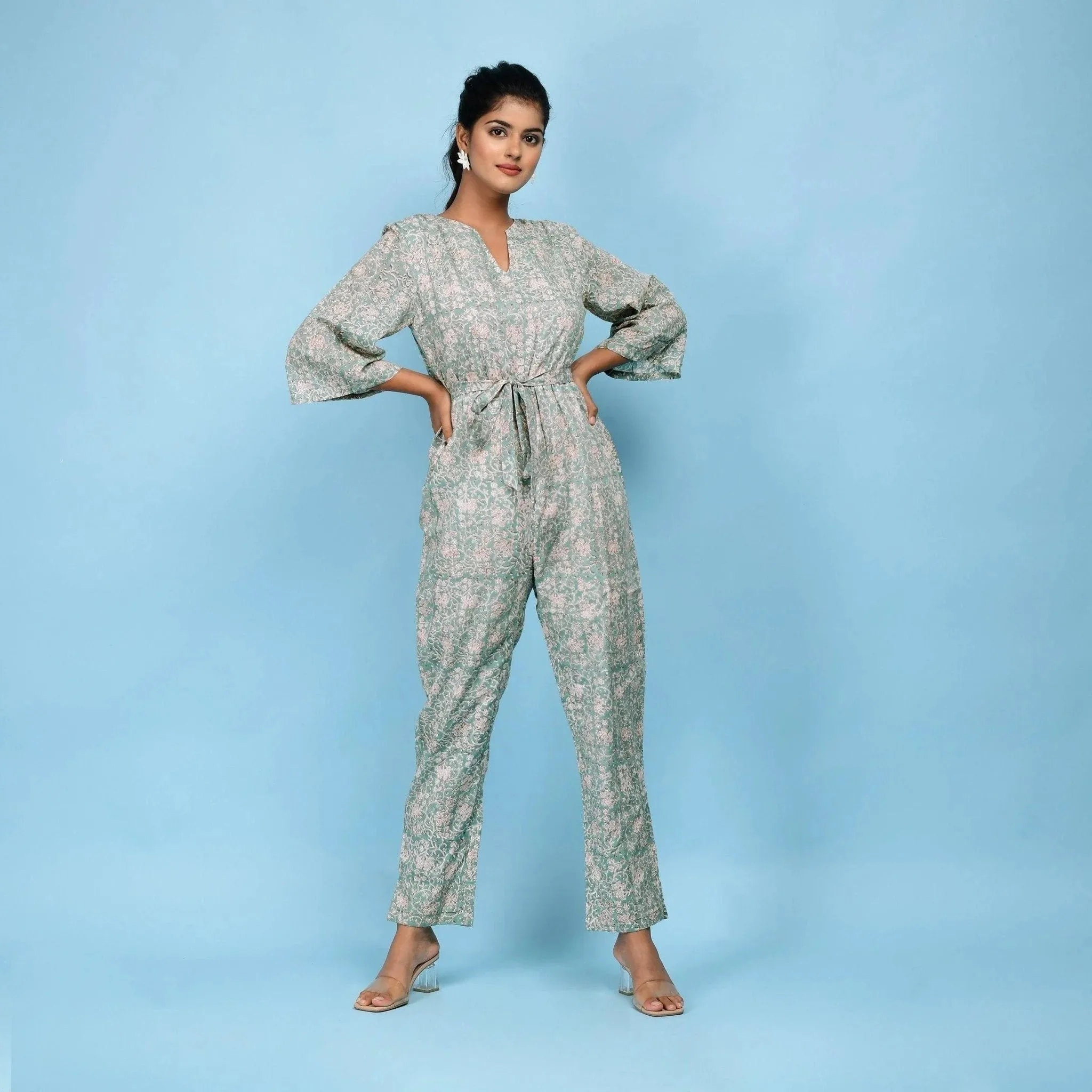 Sage Green Block Printed Ankle Length Cotton Jumpsuit