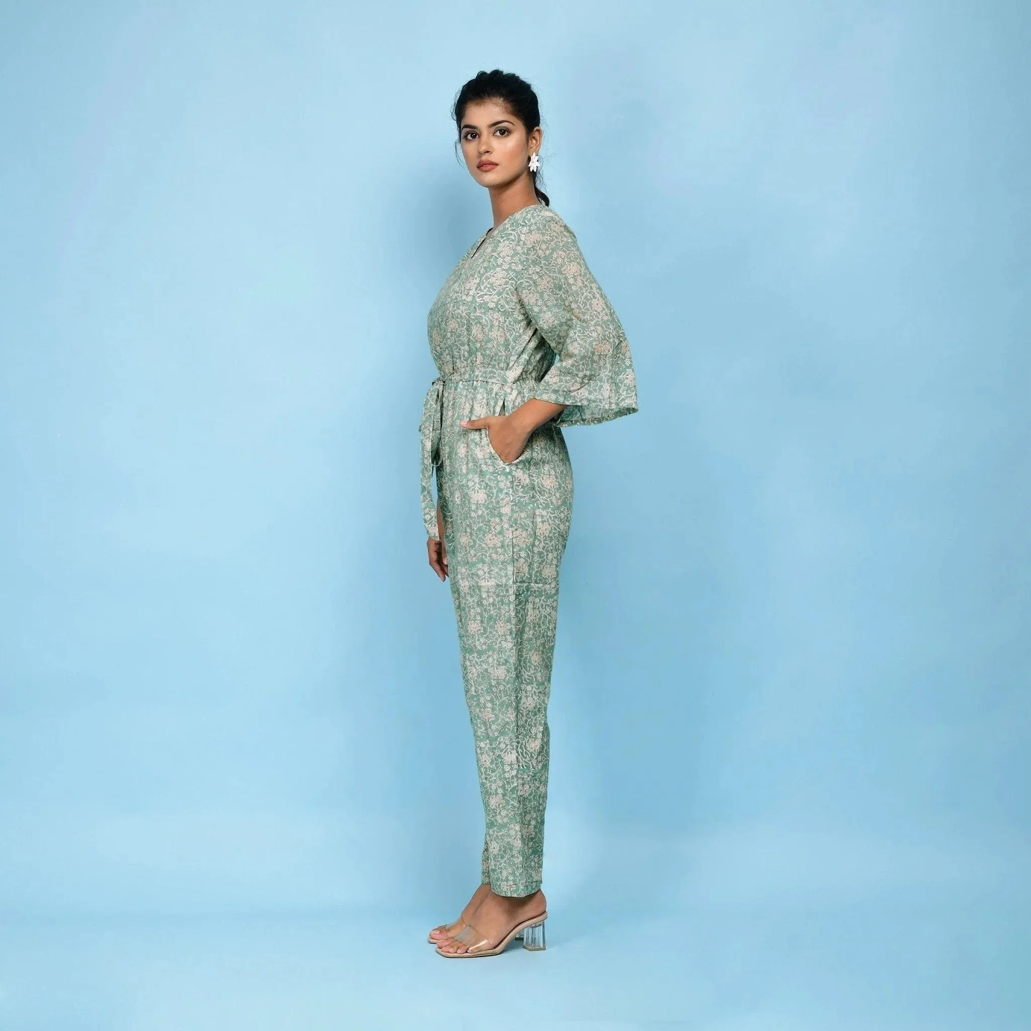 Sage Green Block Printed Ankle Length Cotton Jumpsuit