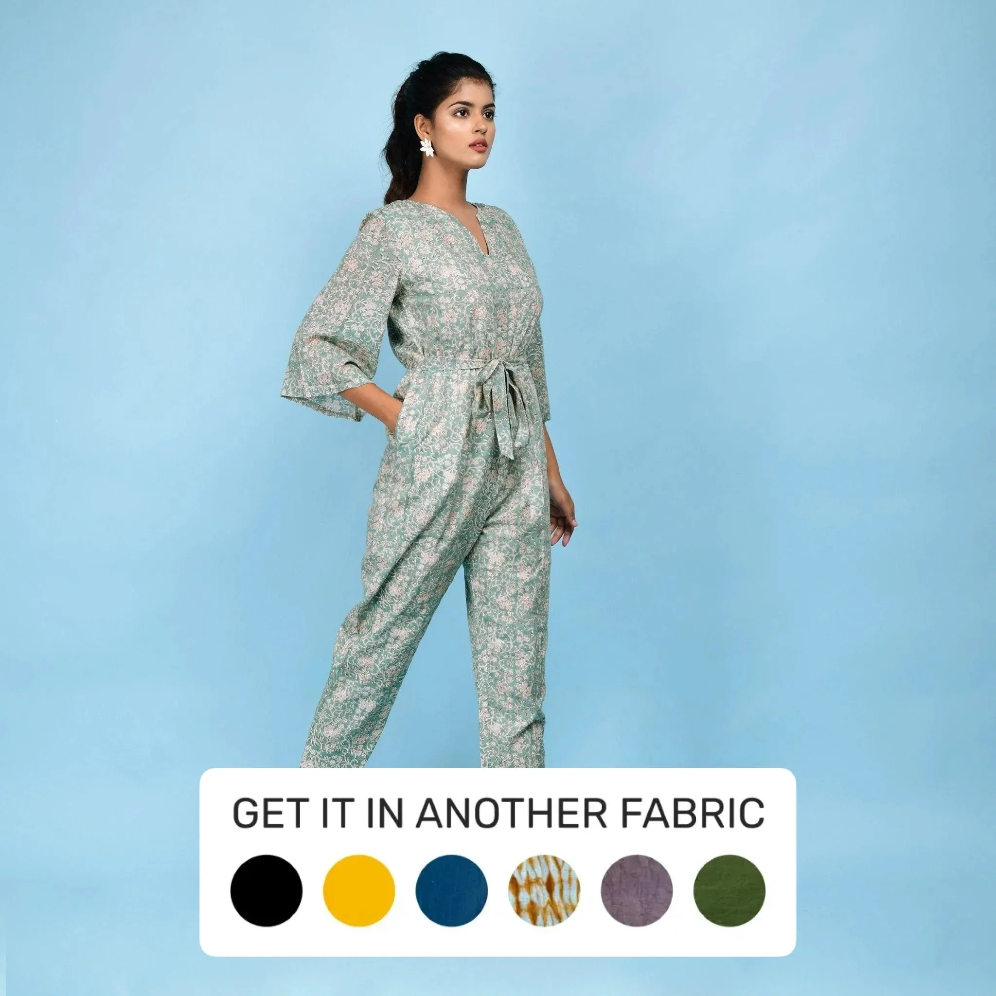 Sage Green Block Printed Ankle Length Cotton Jumpsuit
