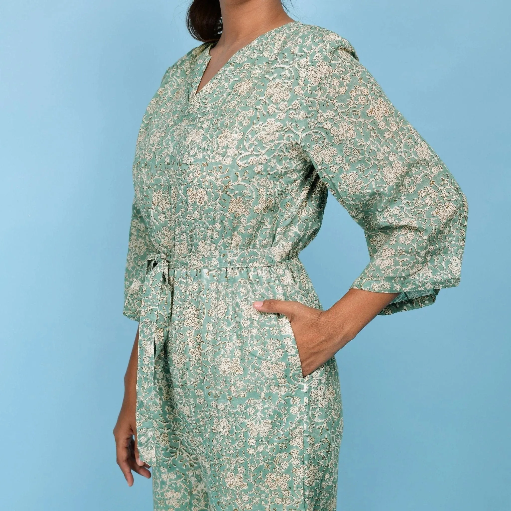 Sage Green Block Printed Ankle Length Cotton Jumpsuit