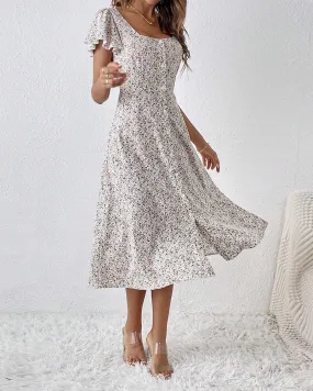 Short-sleeved square-neck floral dress