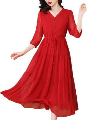 Silk Red Vintage Loose Midi Dress Summer Women Elegant Bodycon Evening Dress Bandage Holiday Party Pretty Dress