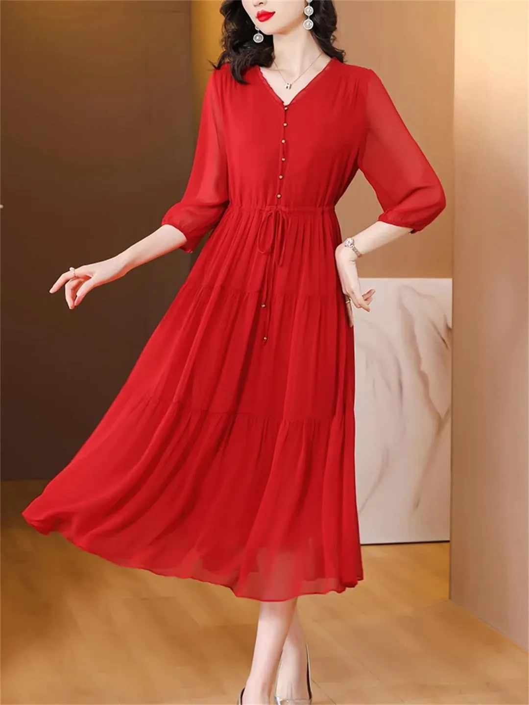 Silk Red Vintage Loose Midi Dress Summer Women Elegant Bodycon Evening Dress Bandage Holiday Party Pretty Dress