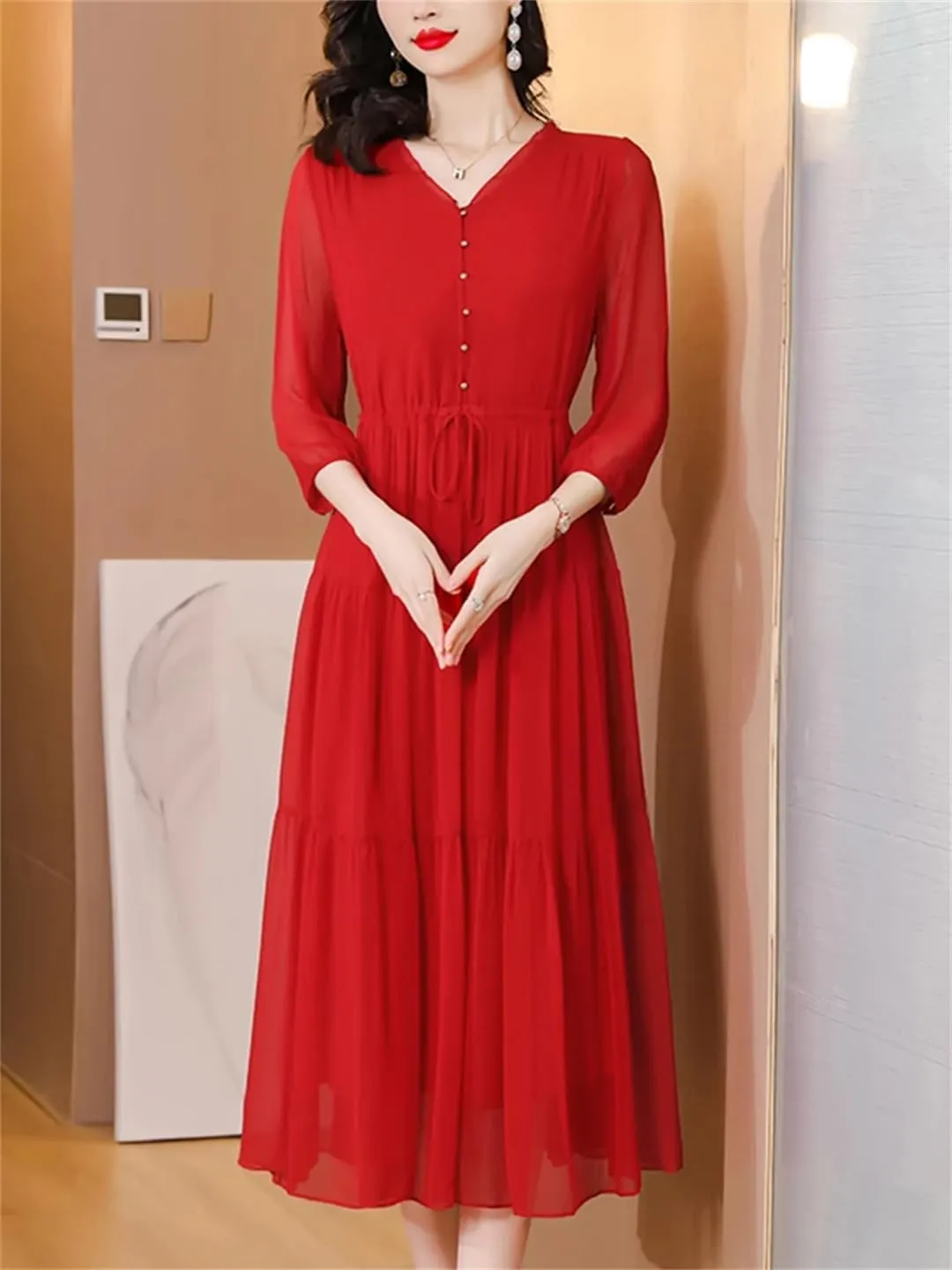 Silk Red Vintage Loose Midi Dress Summer Women Elegant Bodycon Evening Dress Bandage Holiday Party Pretty Dress