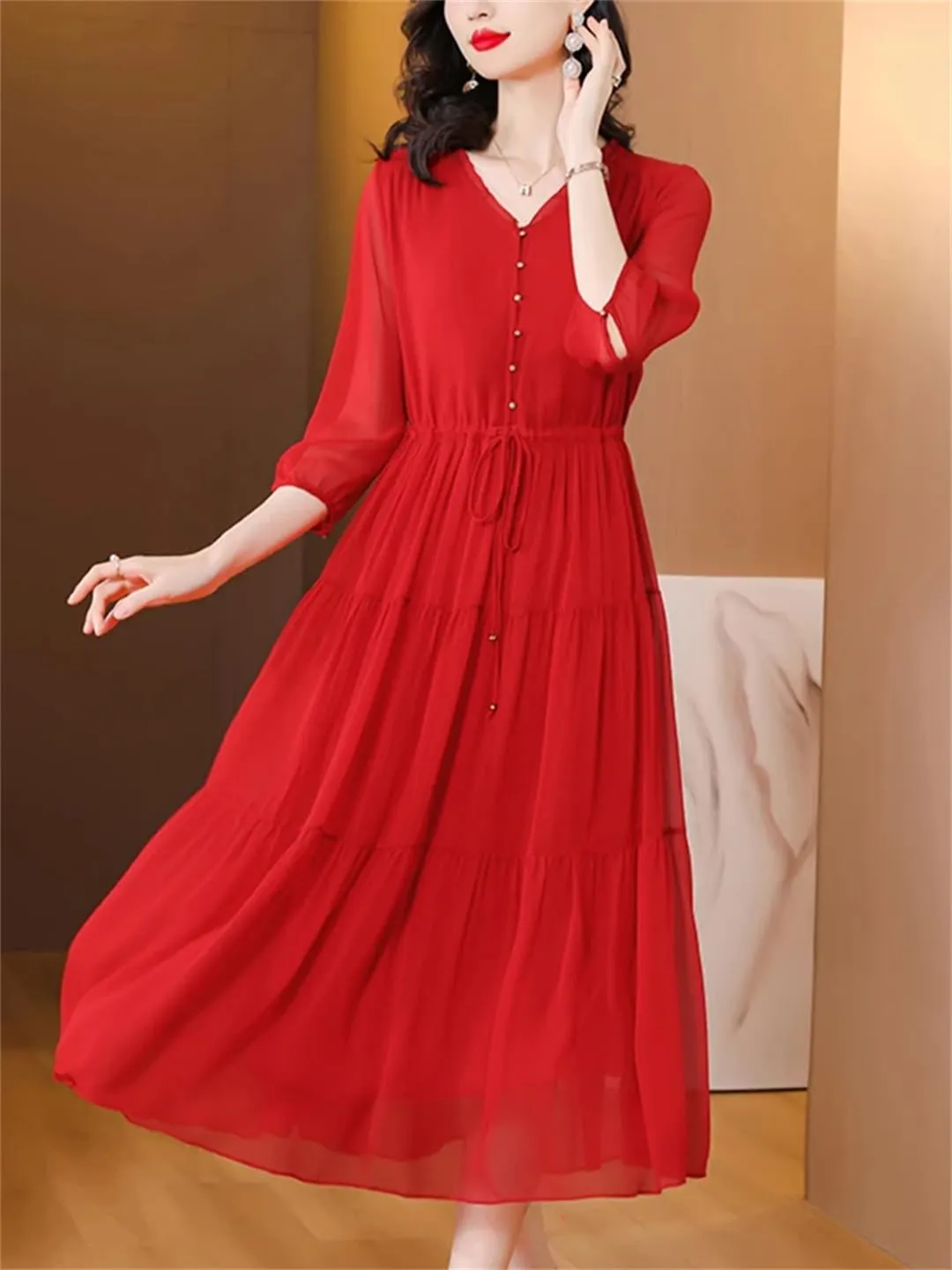 Silk Red Vintage Loose Midi Dress Summer Women Elegant Bodycon Evening Dress Bandage Holiday Party Pretty Dress