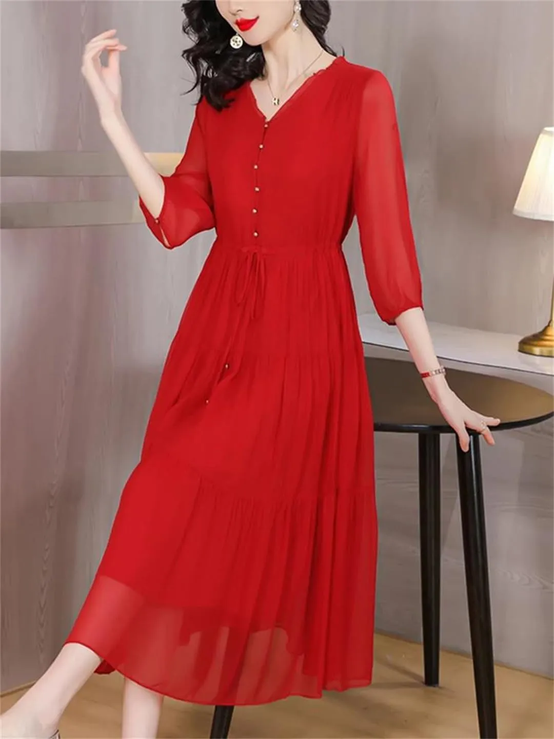 Silk Red Vintage Loose Midi Dress Summer Women Elegant Bodycon Evening Dress Bandage Holiday Party Pretty Dress