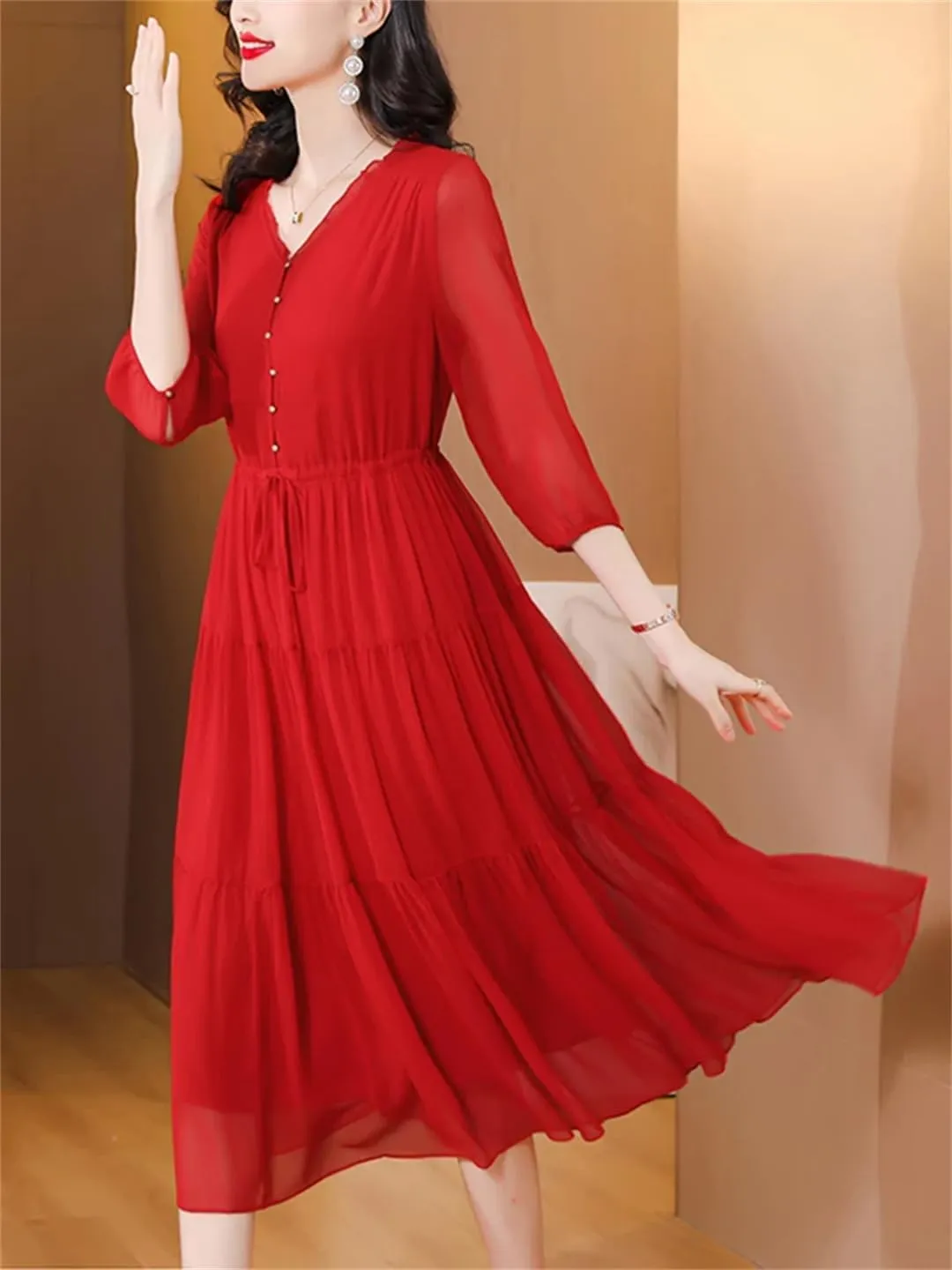 Silk Red Vintage Loose Midi Dress Summer Women Elegant Bodycon Evening Dress Bandage Holiday Party Pretty Dress