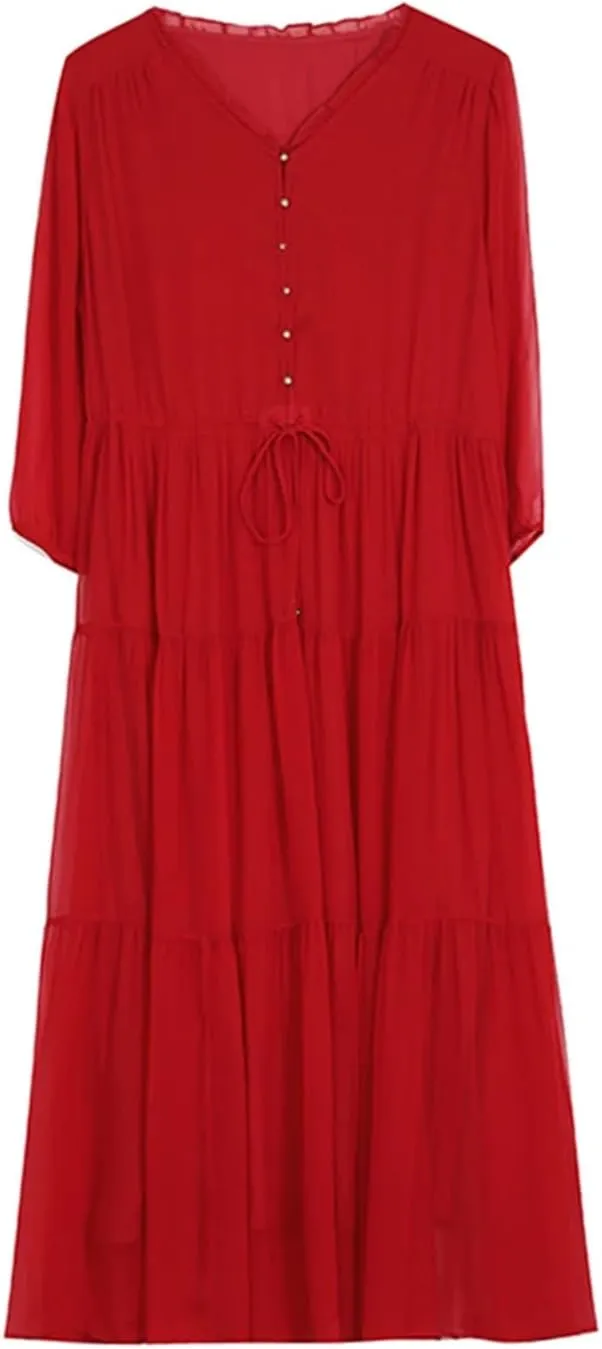Silk Red Vintage Loose Midi Dress Summer Women Elegant Bodycon Evening Dress Bandage Holiday Party Pretty Dress