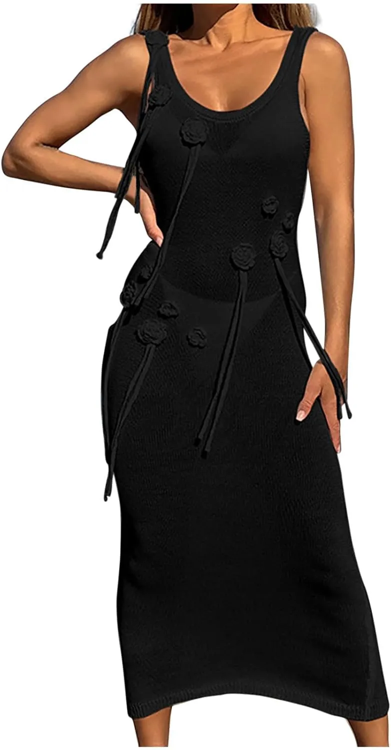Sleeveless Knit Dress for Women Casual Midi Dress with Floral Appliqu Decorative Ties Elegant Summer Dress