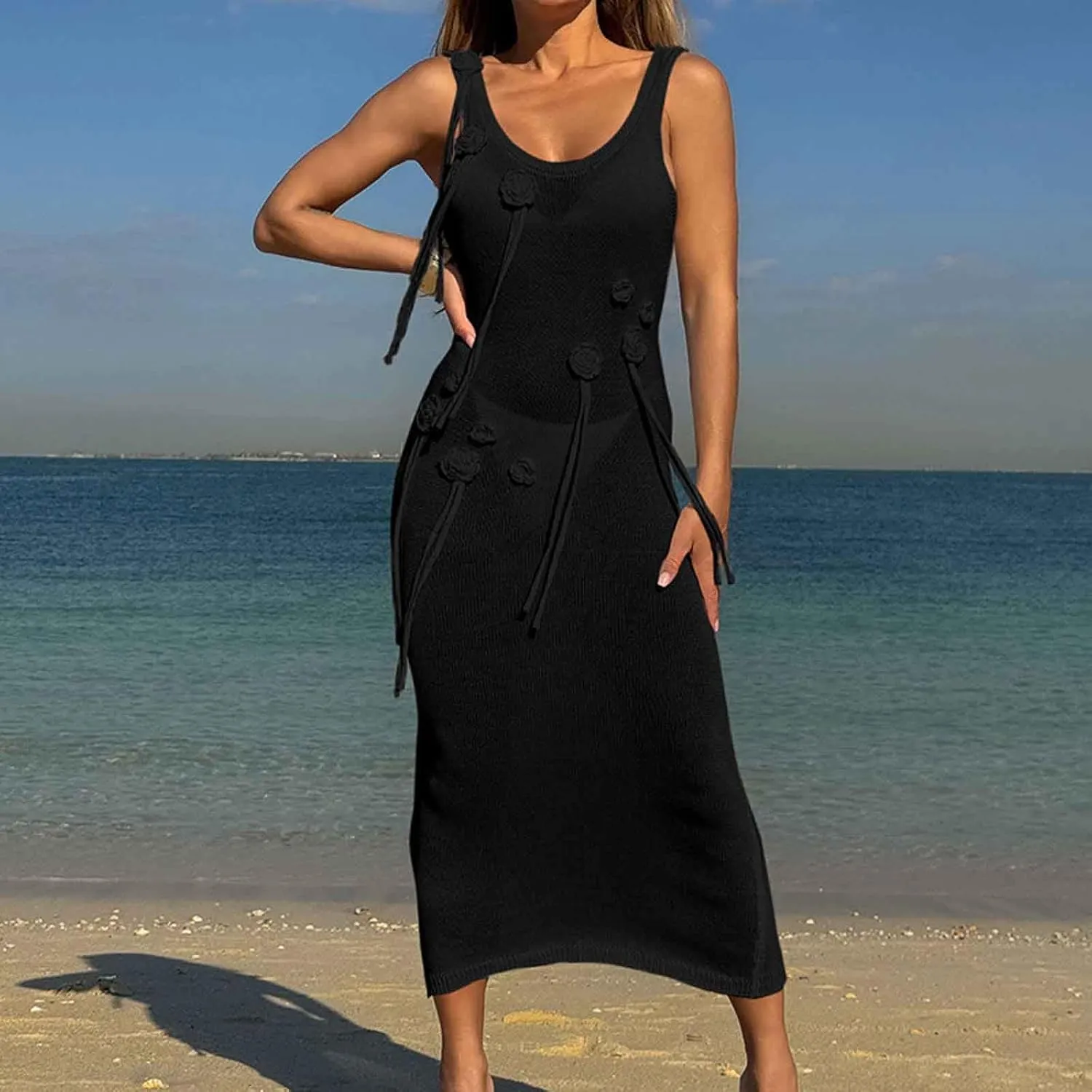 Sleeveless Knit Dress for Women Casual Midi Dress with Floral Appliqu Decorative Ties Elegant Summer Dress