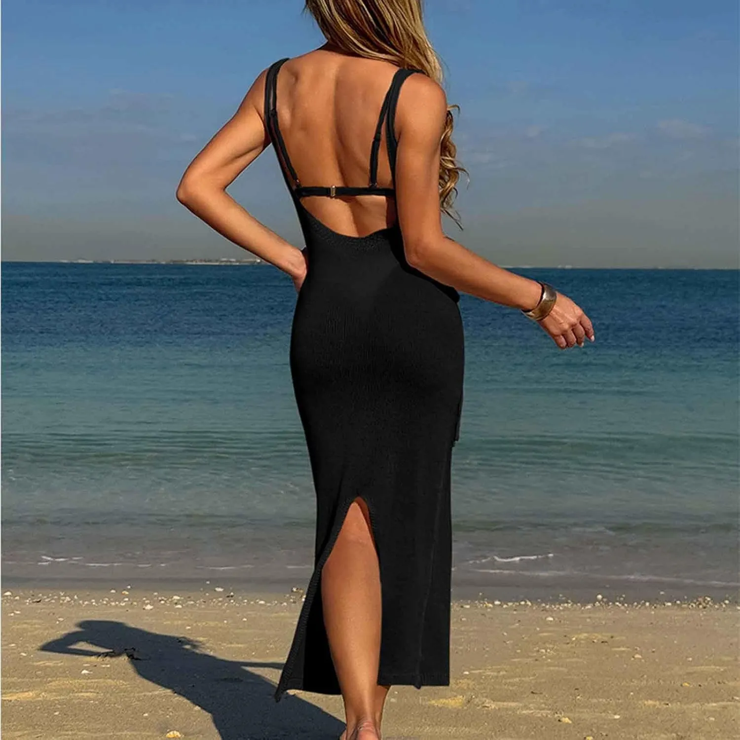 Sleeveless Knit Dress for Women Casual Midi Dress with Floral Appliqu Decorative Ties Elegant Summer Dress
