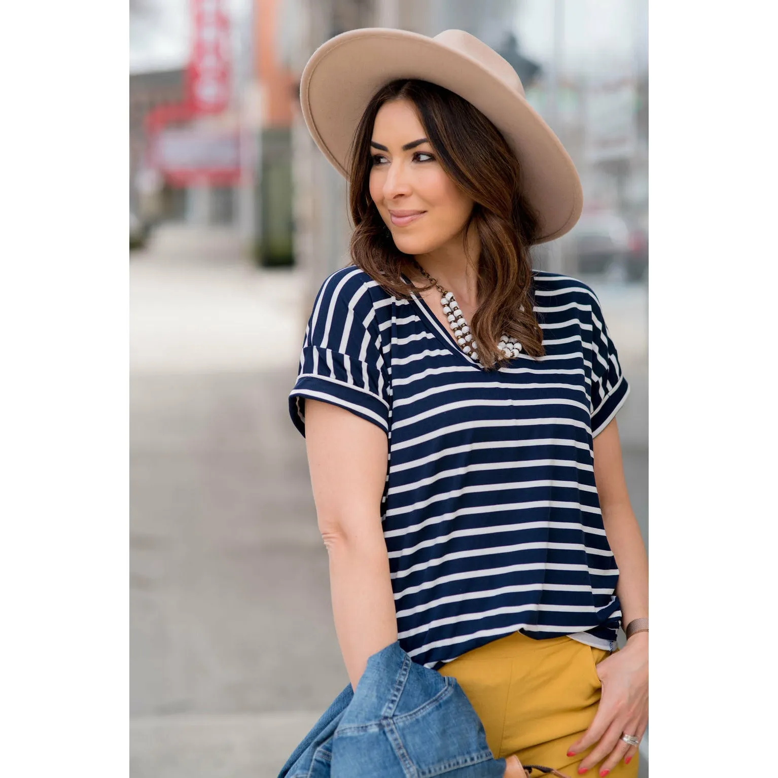 Striped V Neck Tee