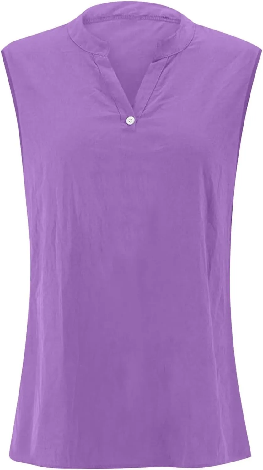 Summer Tops for Women 2025 Trendy Sleeveless Cotton Linen Tank Top Dressy Casual Button V Neck Tunic Blouses