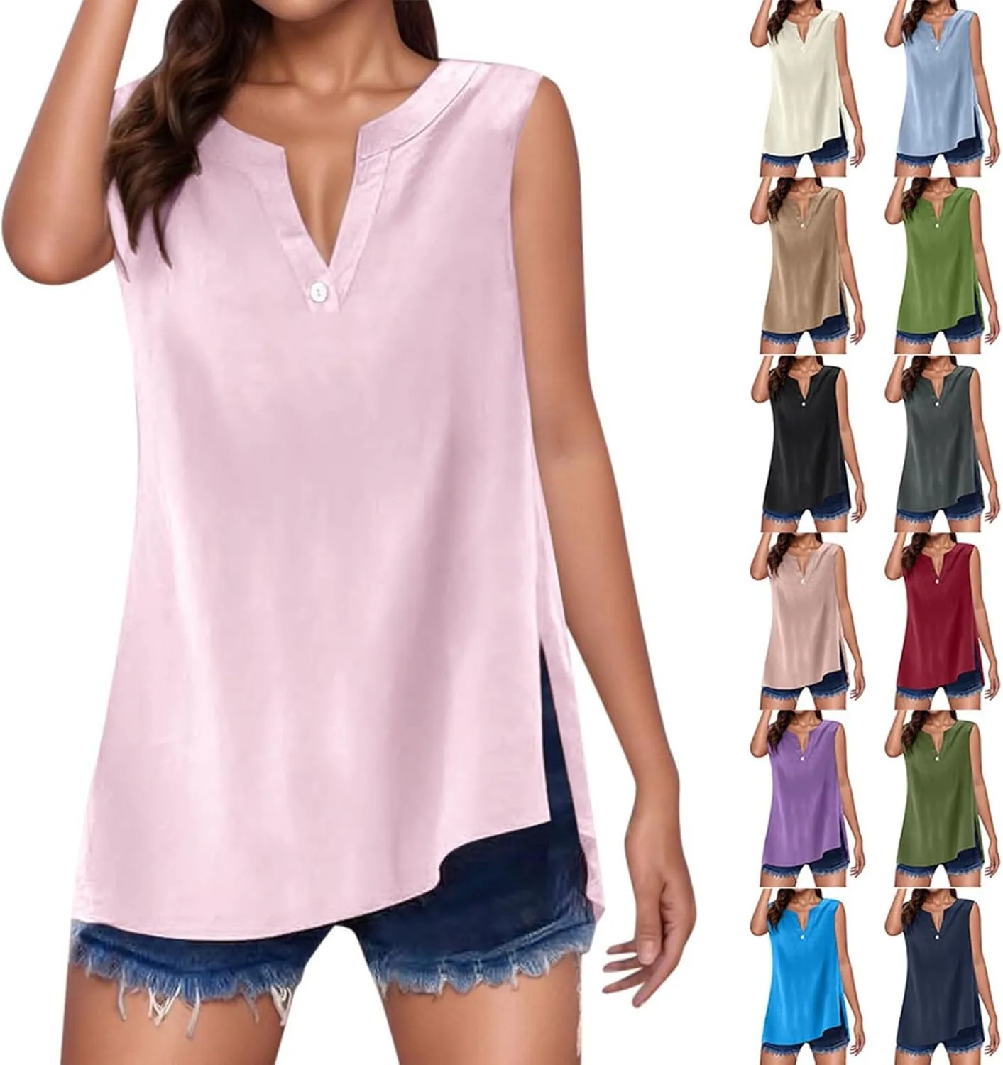 Summer Tops for Women 2025 Trendy Sleeveless Cotton Linen Tank Top Dressy Casual Button V Neck Tunic Blouses