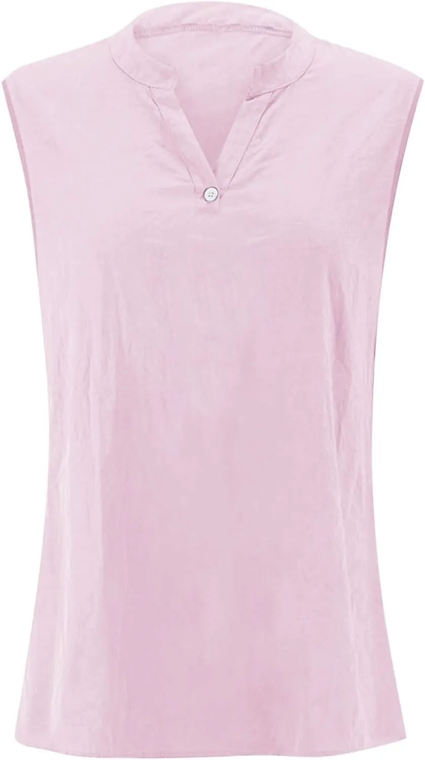 Summer Tops for Women 2025 Trendy Sleeveless Cotton Linen Tank Top Dressy Casual Button V Neck Tunic Blouses