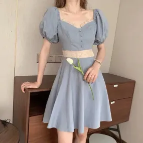 Vintage Elegant Puff Sleeve Dress Women Mori Soft Retro Elegant Short Dresses Party Square Collar Robes Summer