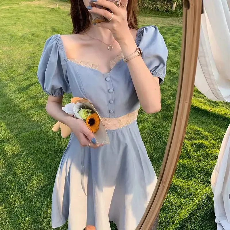 Vintage Elegant Puff Sleeve Dress Women Mori Soft Retro Elegant Short Dresses Party Square Collar Robes Summer