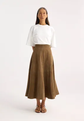 Voluminous a-line suede skirt | light khaki