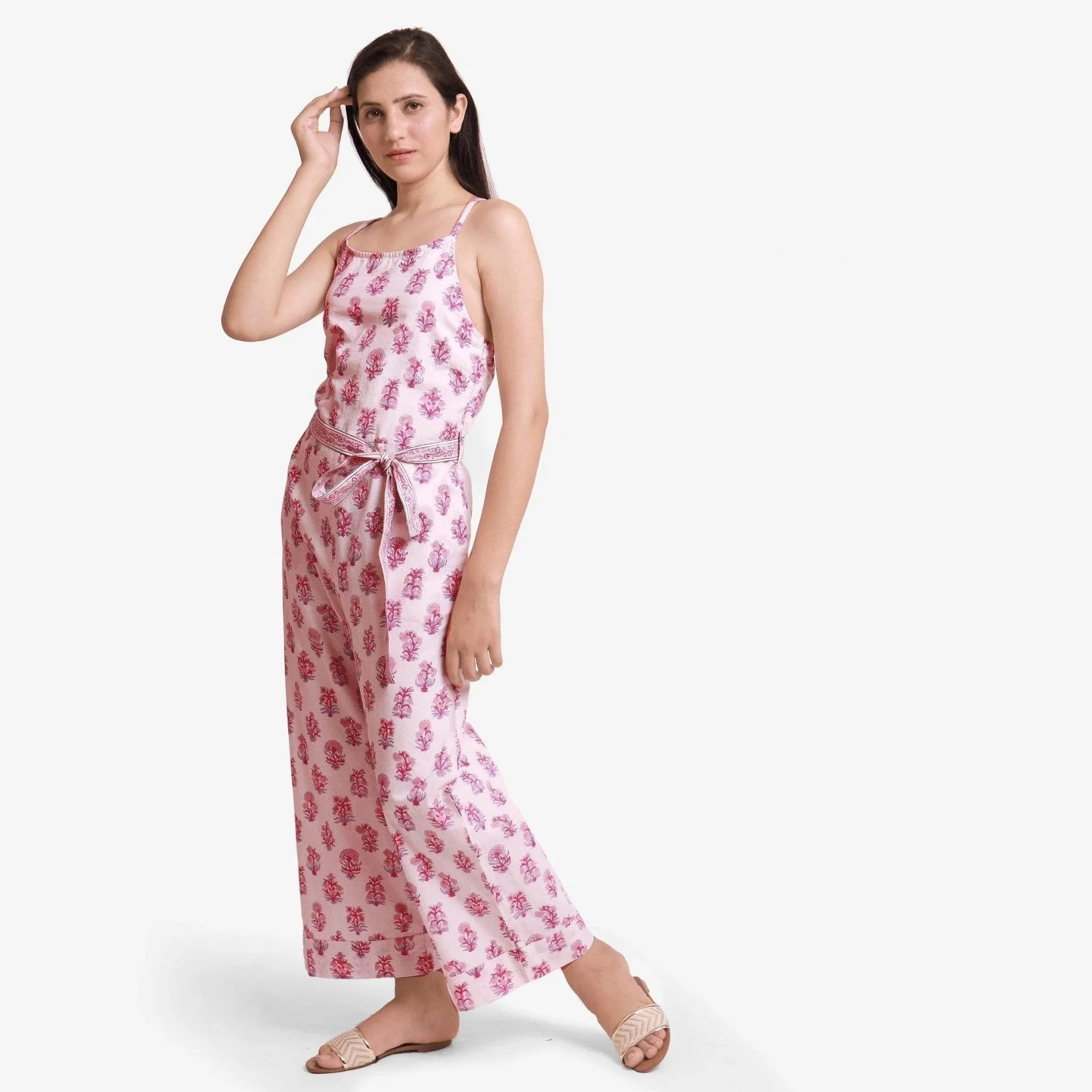 White Block Print Ankle Length Cotton Camisole Jumpsuit