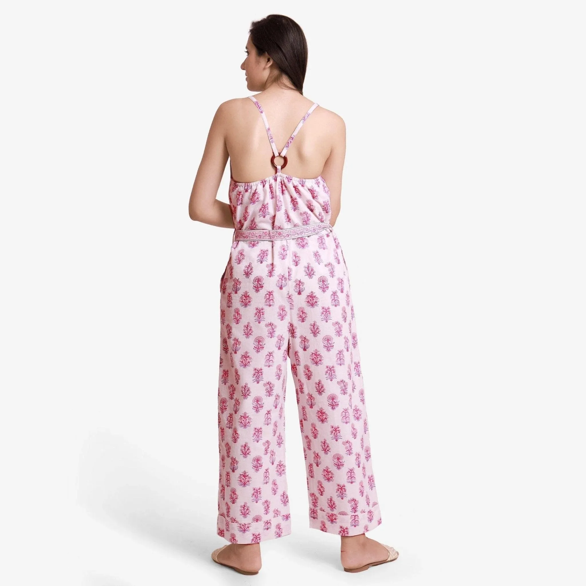 White Block Print Ankle Length Cotton Camisole Jumpsuit