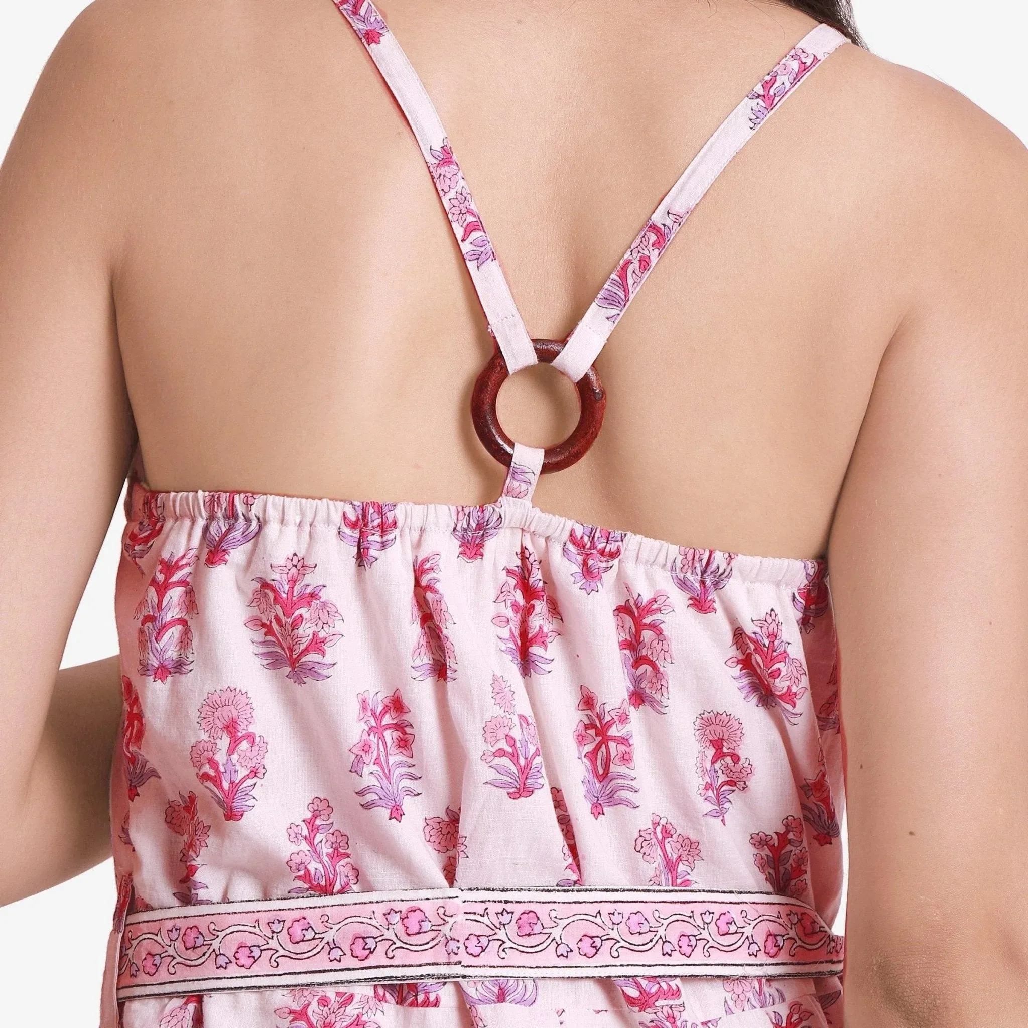 White Block Print Ankle Length Cotton Camisole Jumpsuit