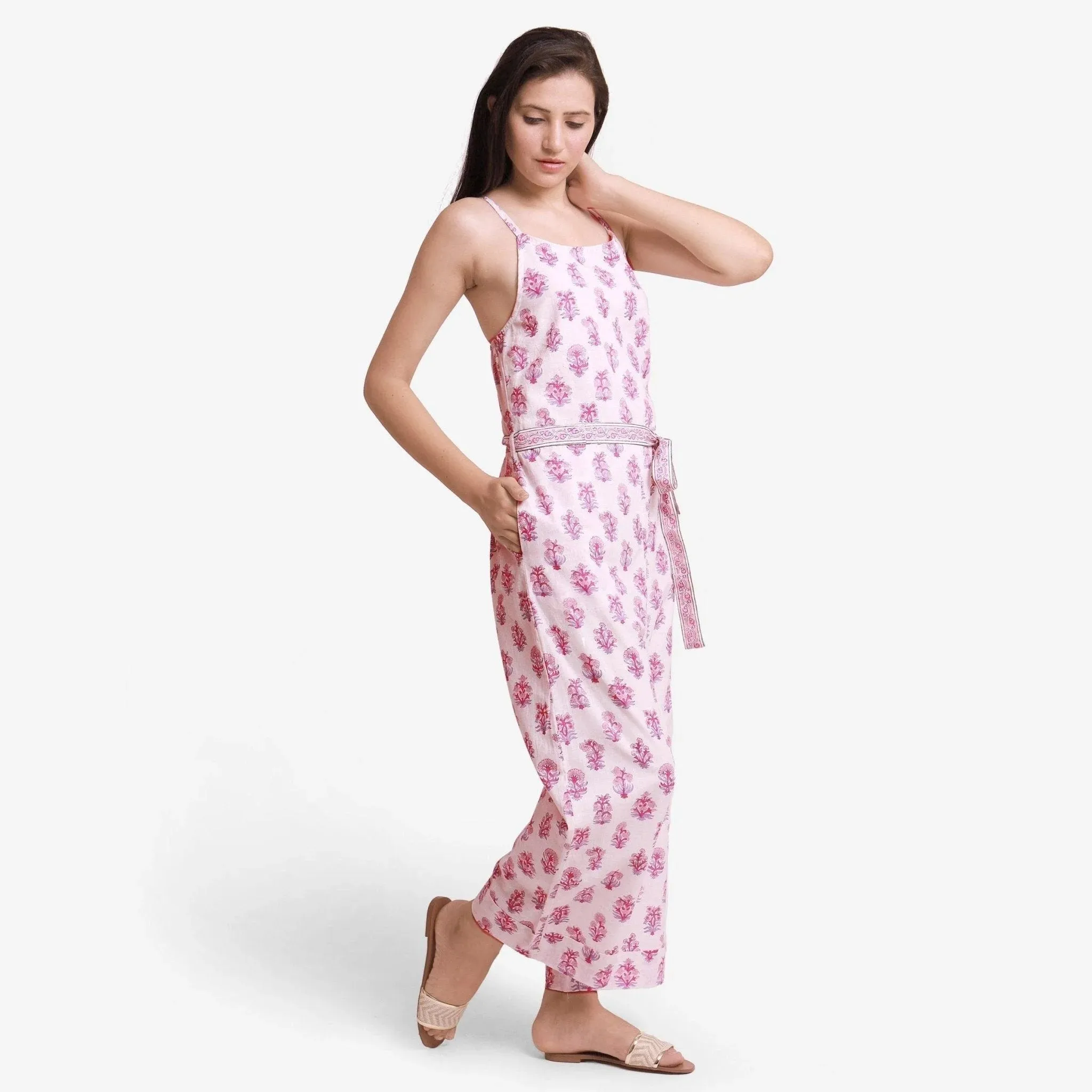 White Block Print Ankle Length Cotton Camisole Jumpsuit