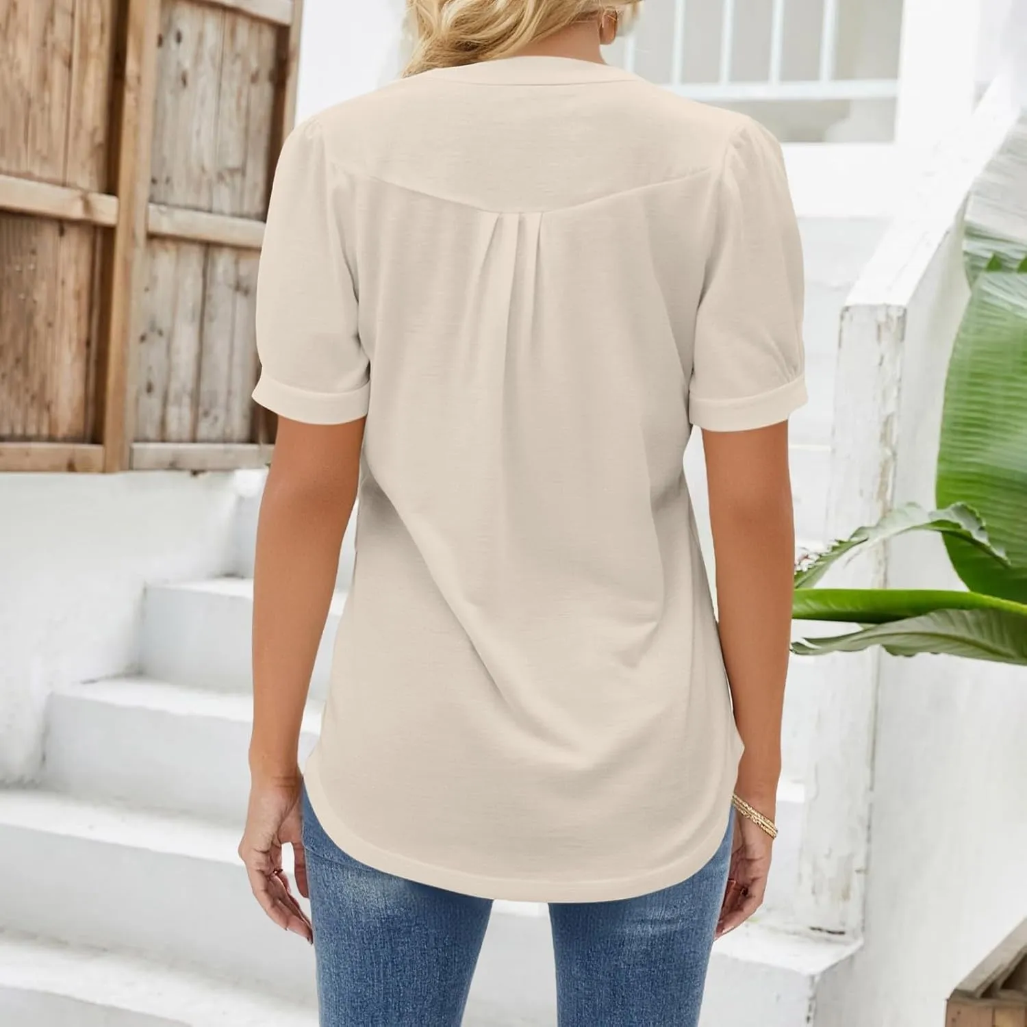Women Casual Linen Blouses V Neck Short Sleeve Solid Cotton Linen Shirts Lightweight Loose Fit Soft Fall Tops