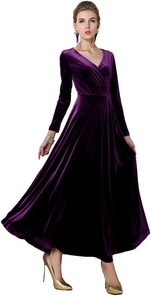 Women Elegant Velvet Long Dress Evening Party Dancing Dress Christmas Maxi Dress