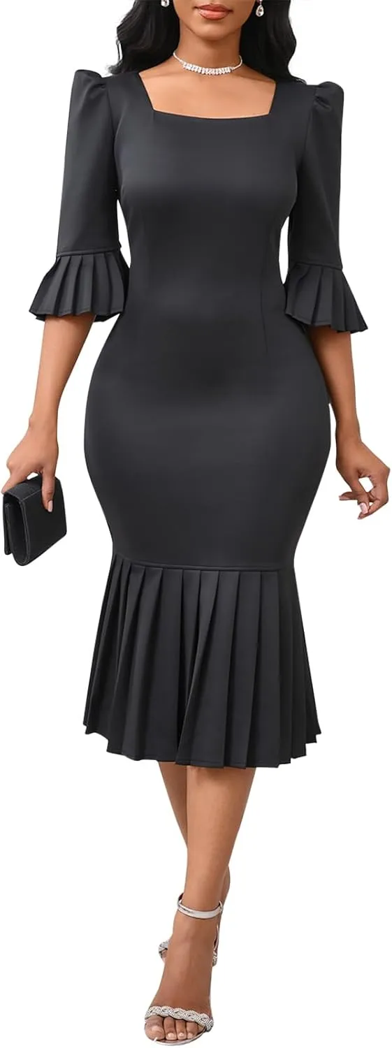 Women's Elegant Short Sleeve Bodycon Long Formal Party Evening Dress
