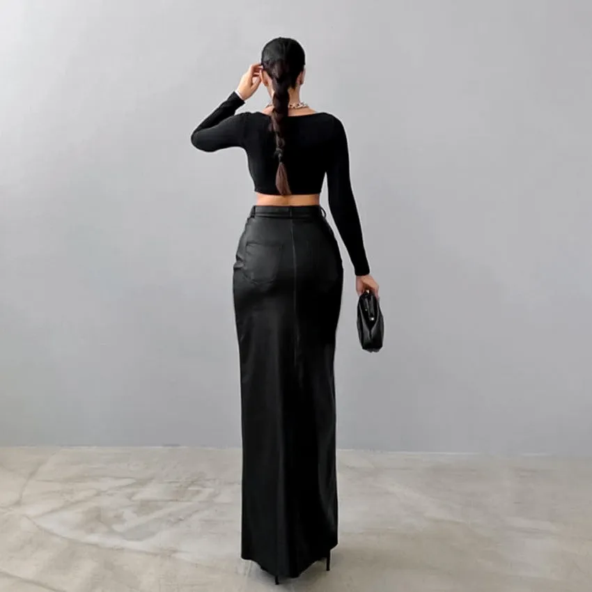 Women's High-Waisted Fleece-Lined Matte Leather Bodycon Straight Skirt