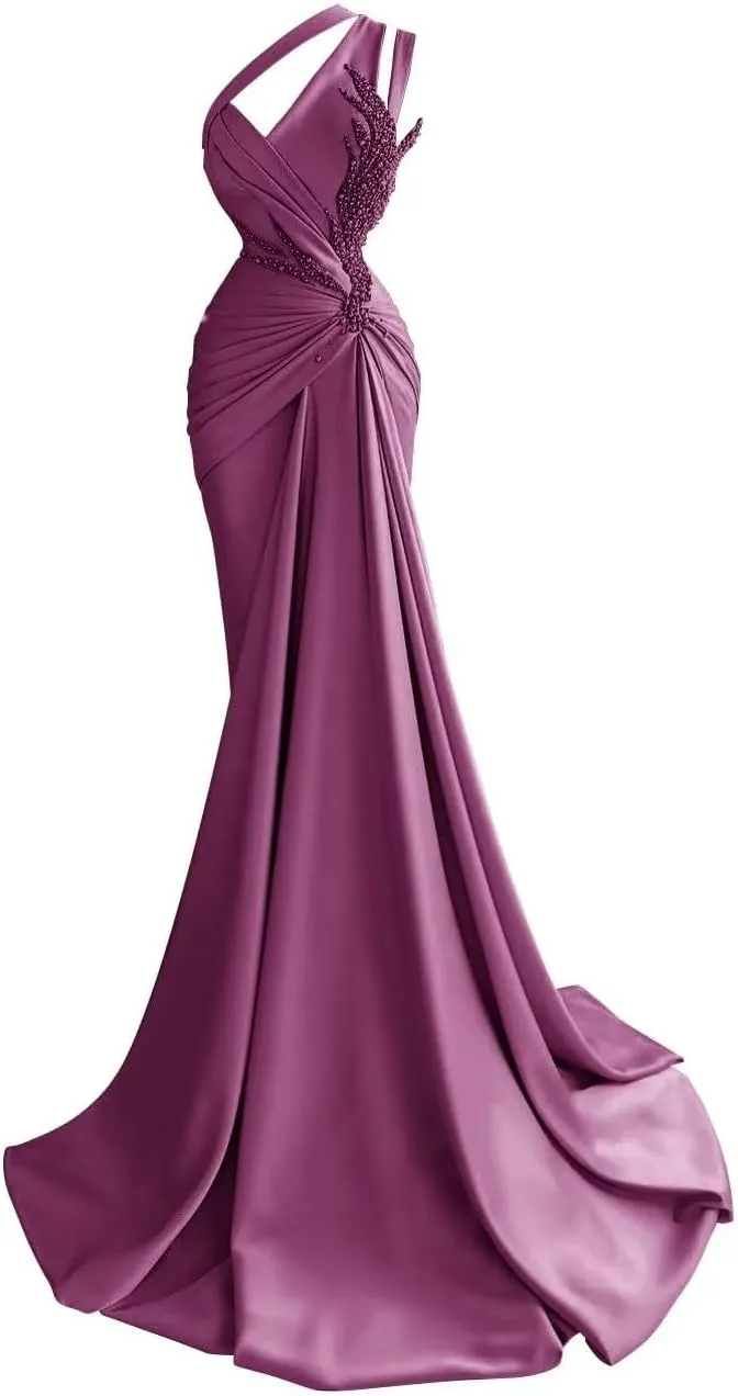 Women's One Shoulder Prom Dress Mermaid Elegant Bodycon Dress Satin Long Formal Evening Party Gown