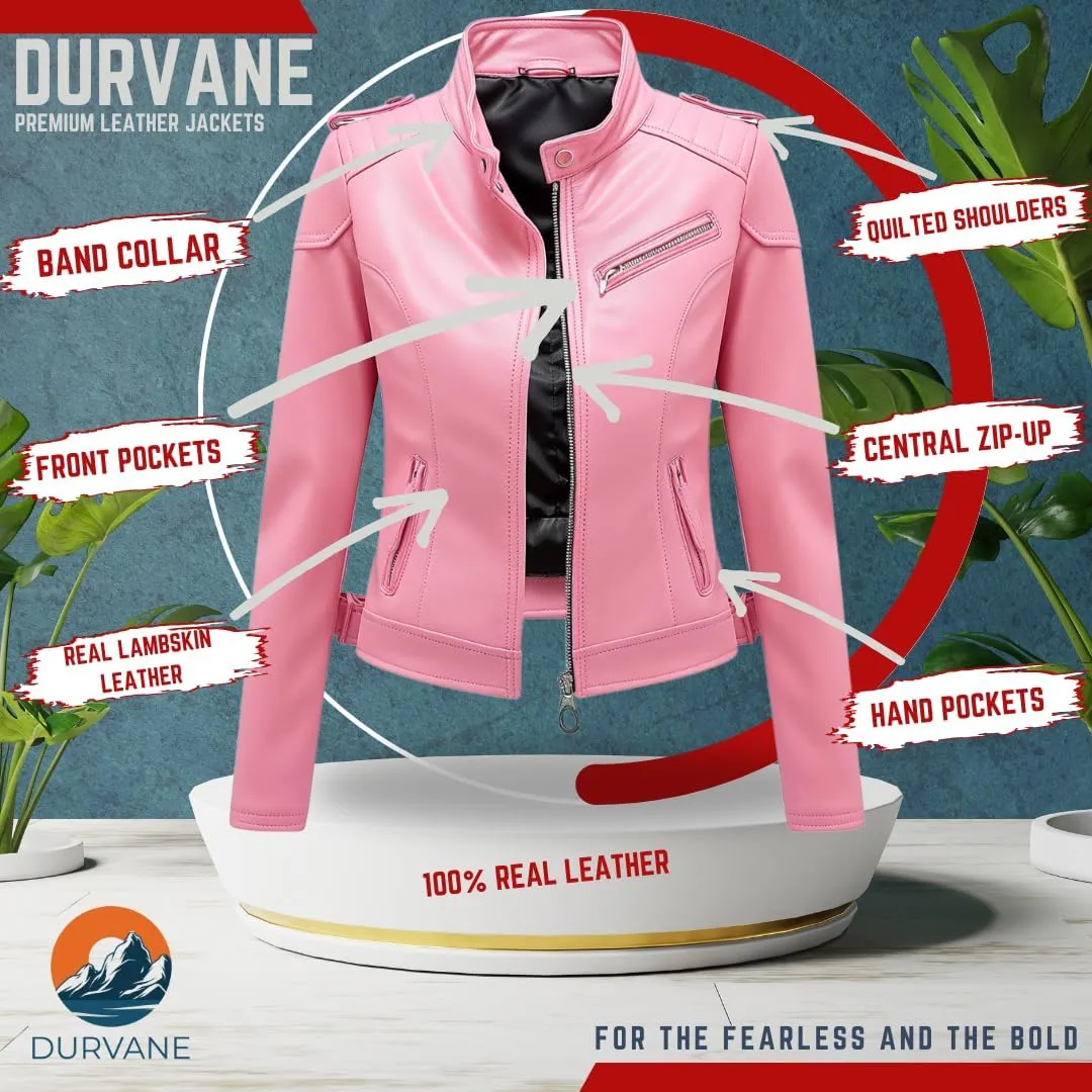 Women's Pastel Pink Real Lambskin Leather Biker Jacket | Slim Fit | Zippered Pockets | Moto Style | Chic & Trendy