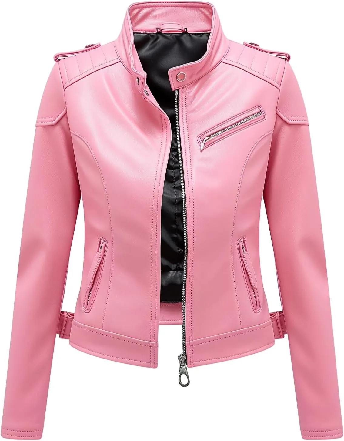 Women's Pastel Pink Real Lambskin Leather Biker Jacket | Slim Fit | Zippered Pockets | Moto Style | Chic & Trendy