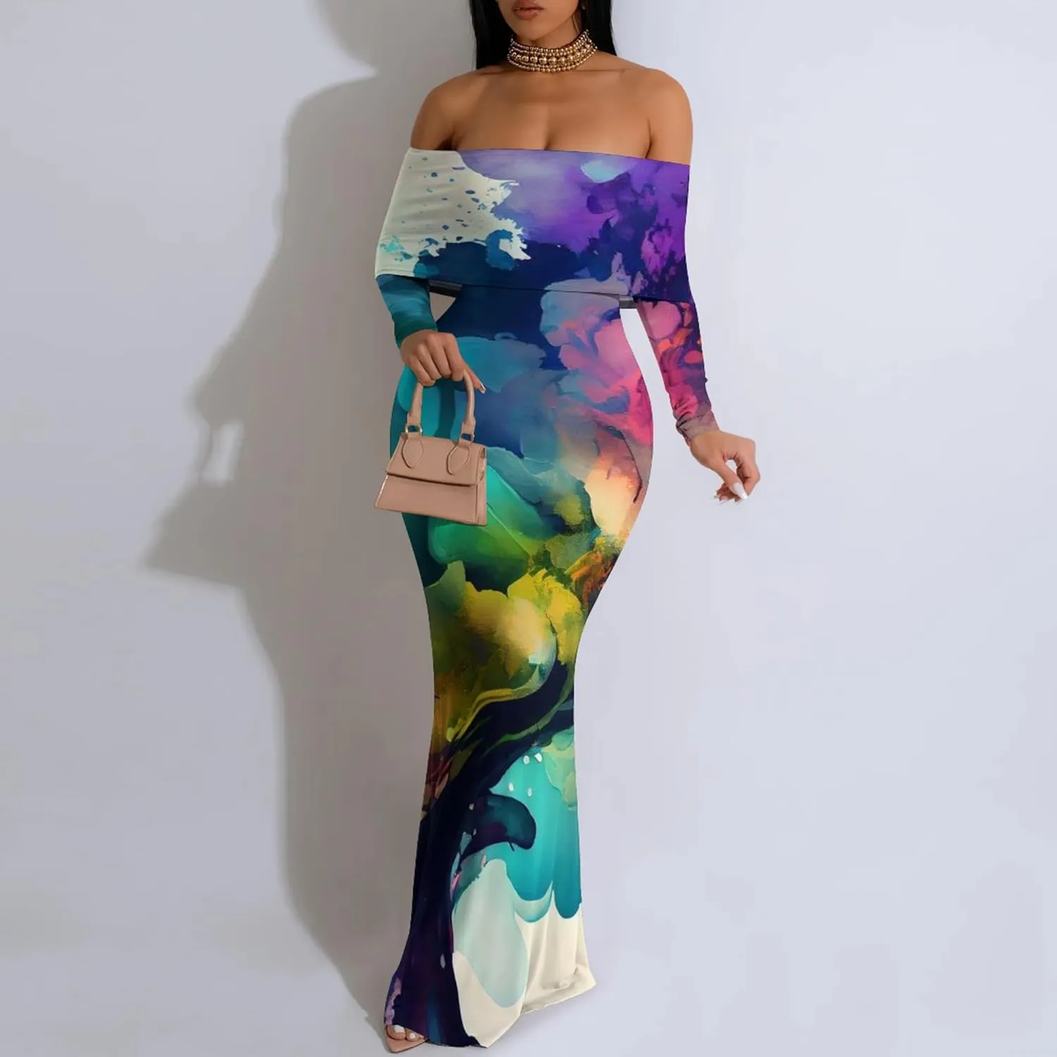Women's Sexy Elegant Bodycon Long Sleeve Off Shoulder Evening Dress Cocktail Party Fishtail Maxi Dress Backless Dress