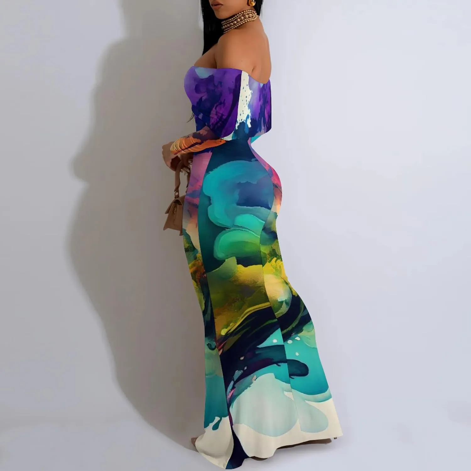 Women's Sexy Elegant Bodycon Long Sleeve Off Shoulder Evening Dress Cocktail Party Fishtail Maxi Dress Backless Dress