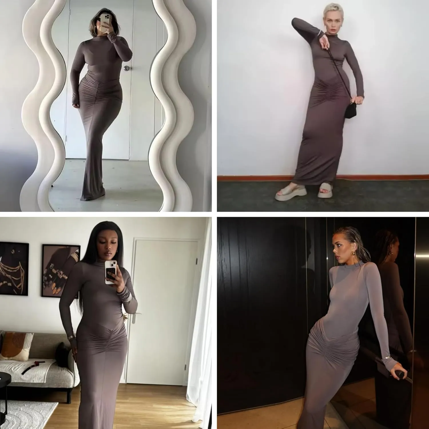 Women's Sexy Turtleneck Long Sleeve Maxi Dress Elegant Ruched Bodycon Long Dress Casual Party Dresses
