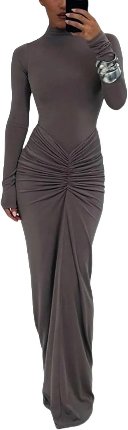 Women's Sexy Turtleneck Long Sleeve Maxi Dress Elegant Ruched Bodycon Long Dress Casual Party Dresses