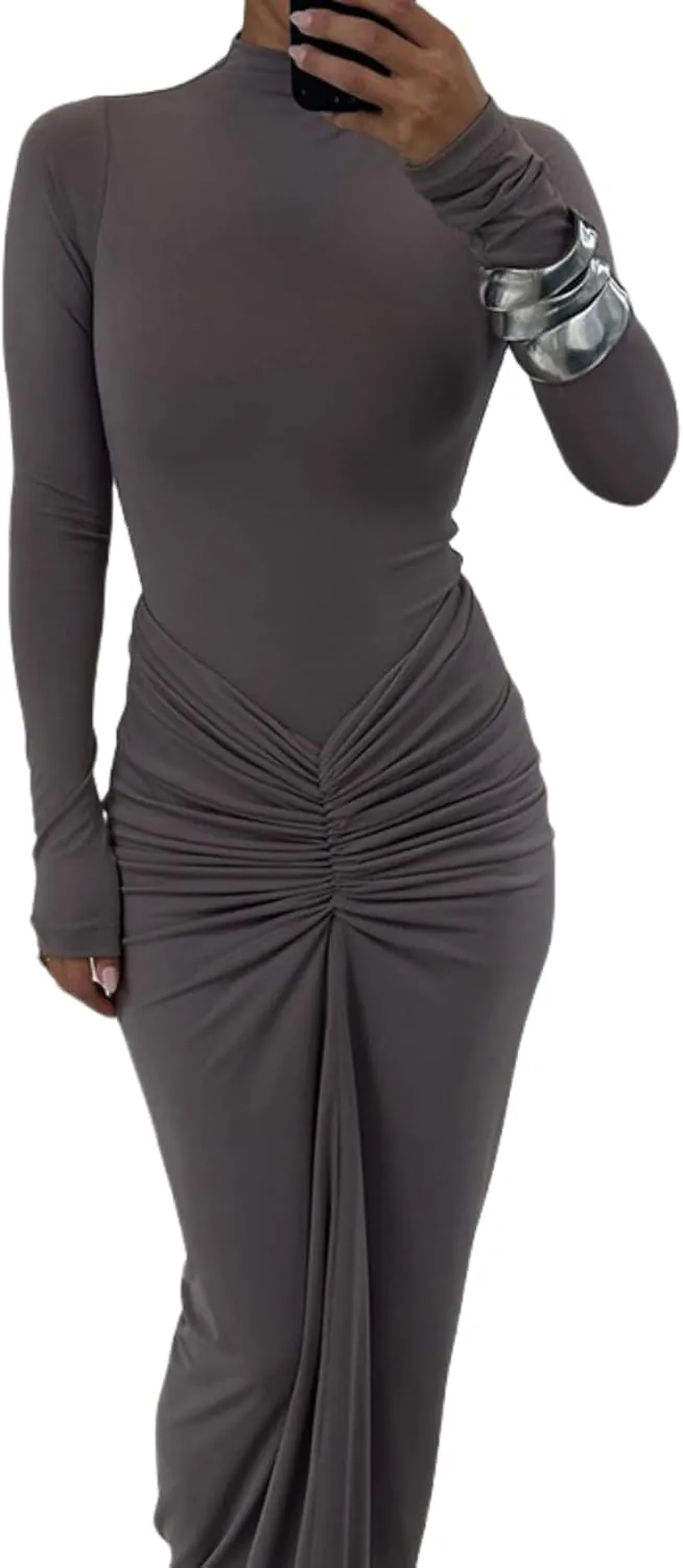Women's Sexy Turtleneck Long Sleeve Maxi Dress Elegant Ruched Bodycon Long Dress Casual Party Dresses