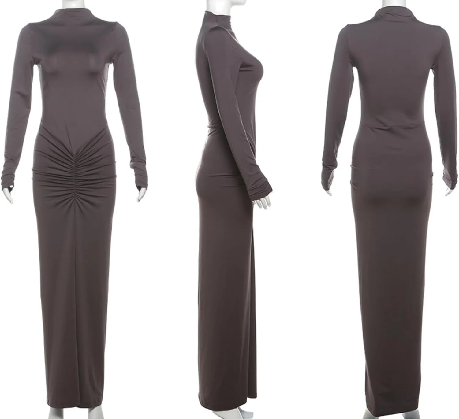 Women's Sexy Turtleneck Long Sleeve Maxi Dress Elegant Ruched Bodycon Long Dress Casual Party Dresses