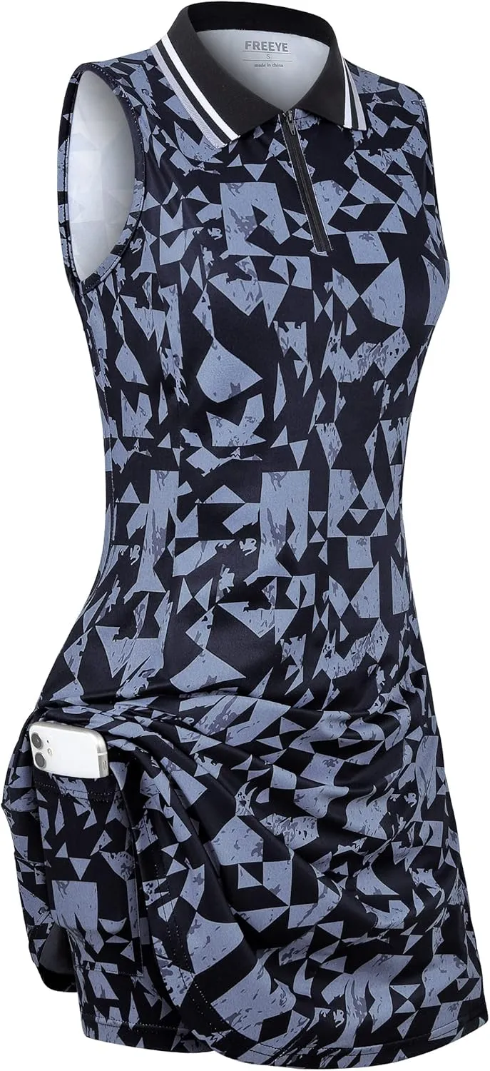Womens Sleeveless Golf Tennis Dresses with Inner Shorts＆Pockets for Workout Exercise