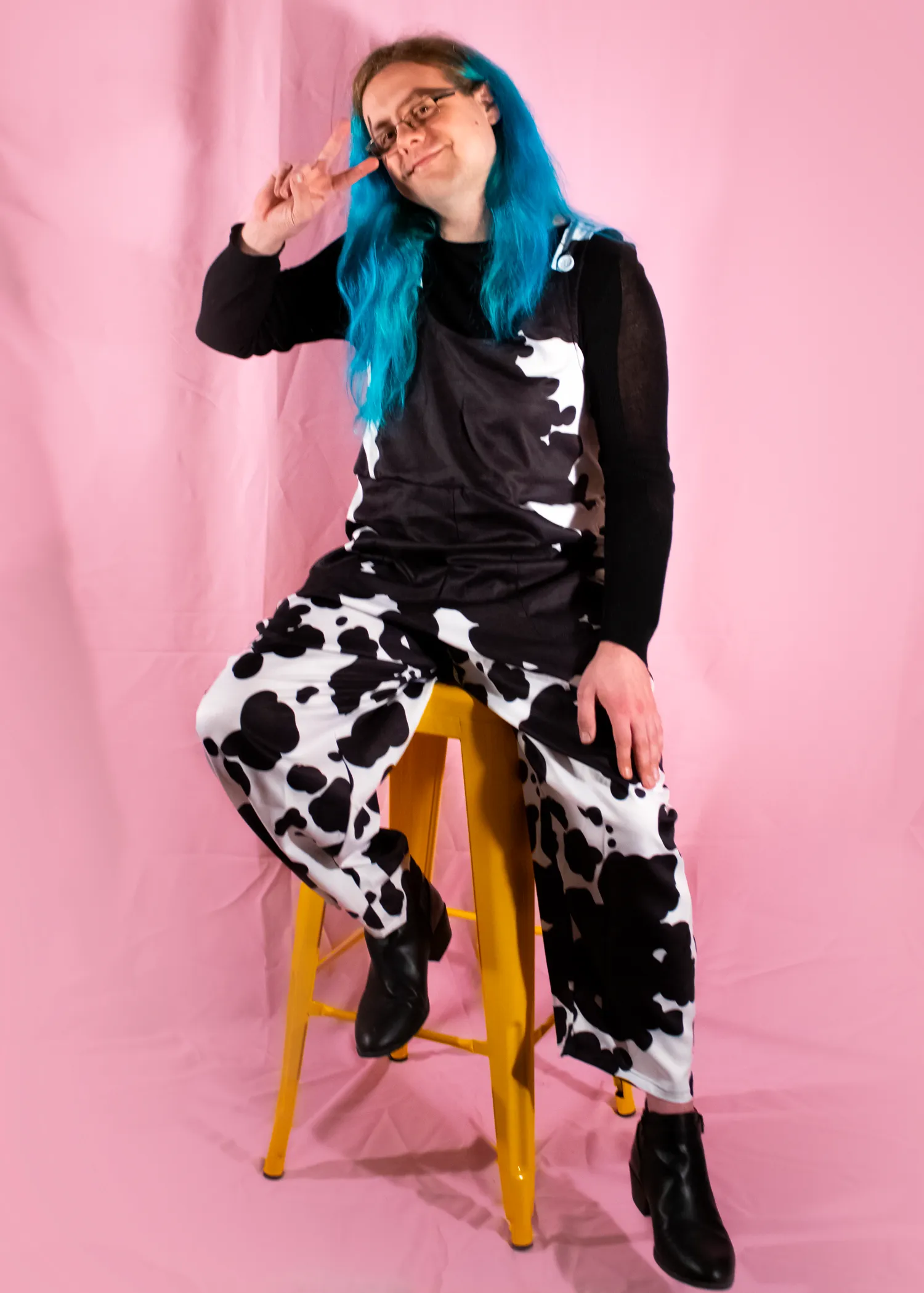 XS Cow Print Dungarees in Blue