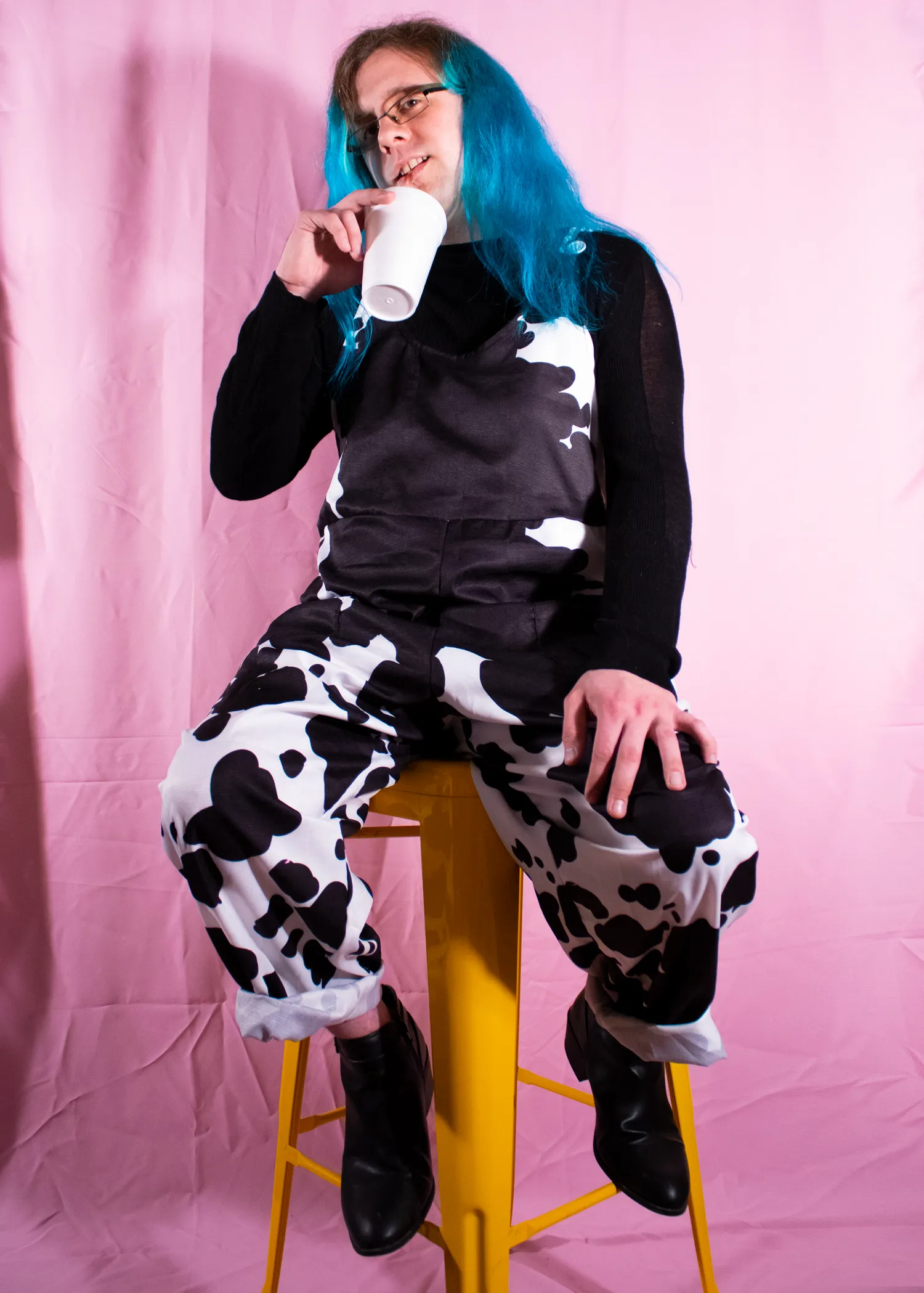 XS Cow Print Dungarees in Blue