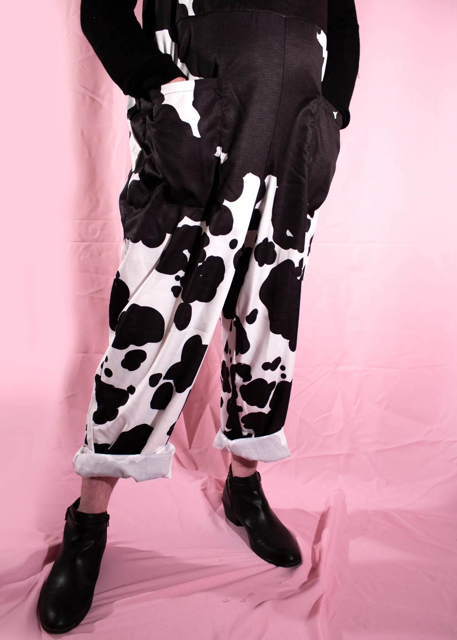 XS Cow Print Dungarees in Blue