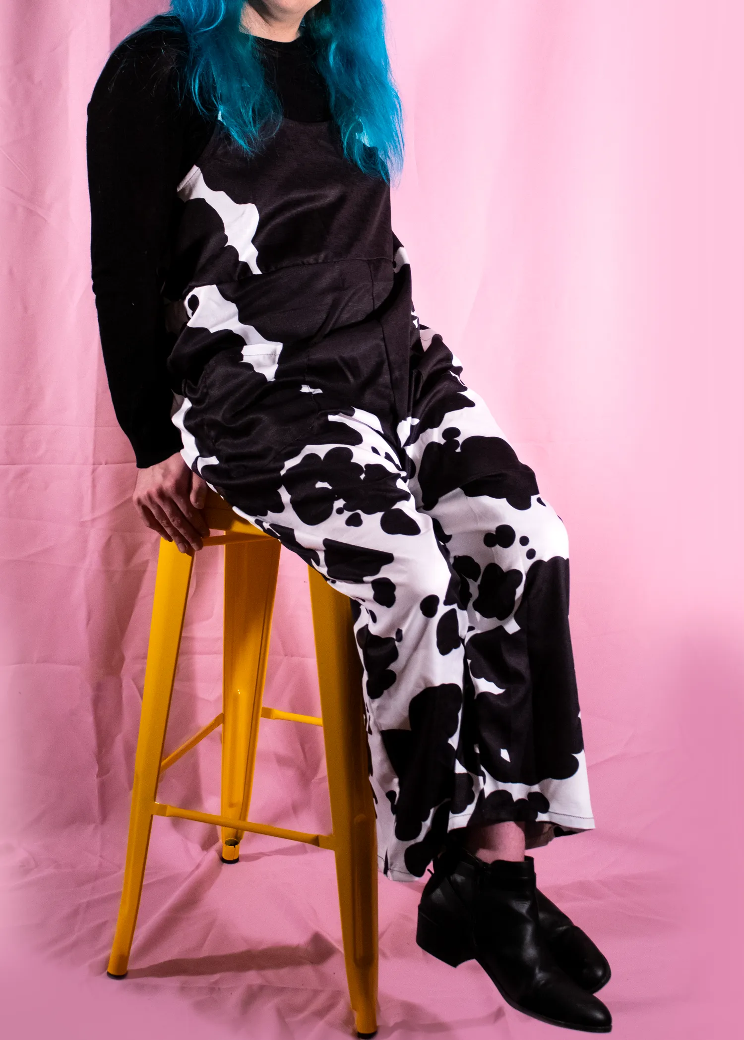 XS Cow Print Dungarees in Blue
