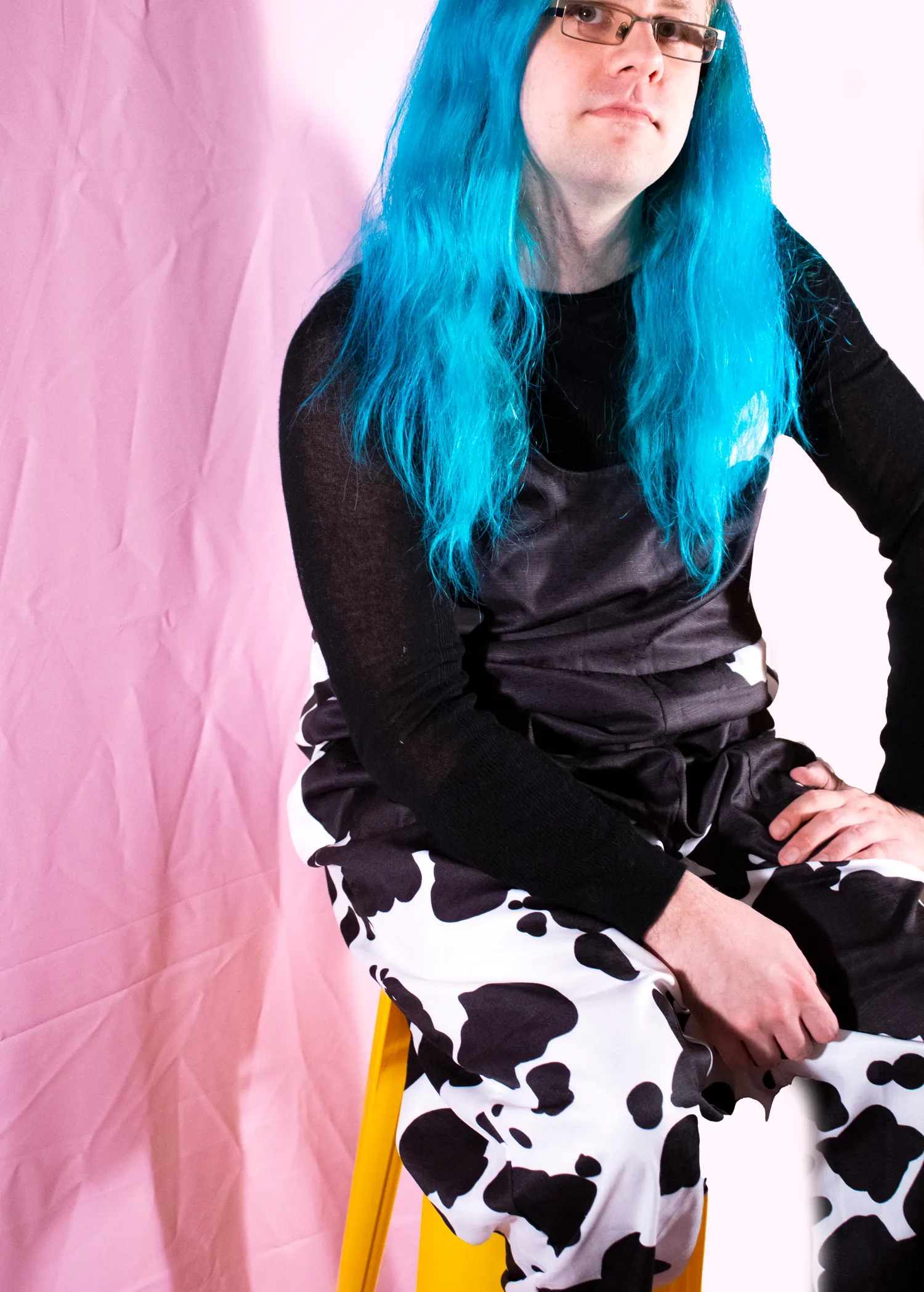 XS Cow Print Dungarees in Blue