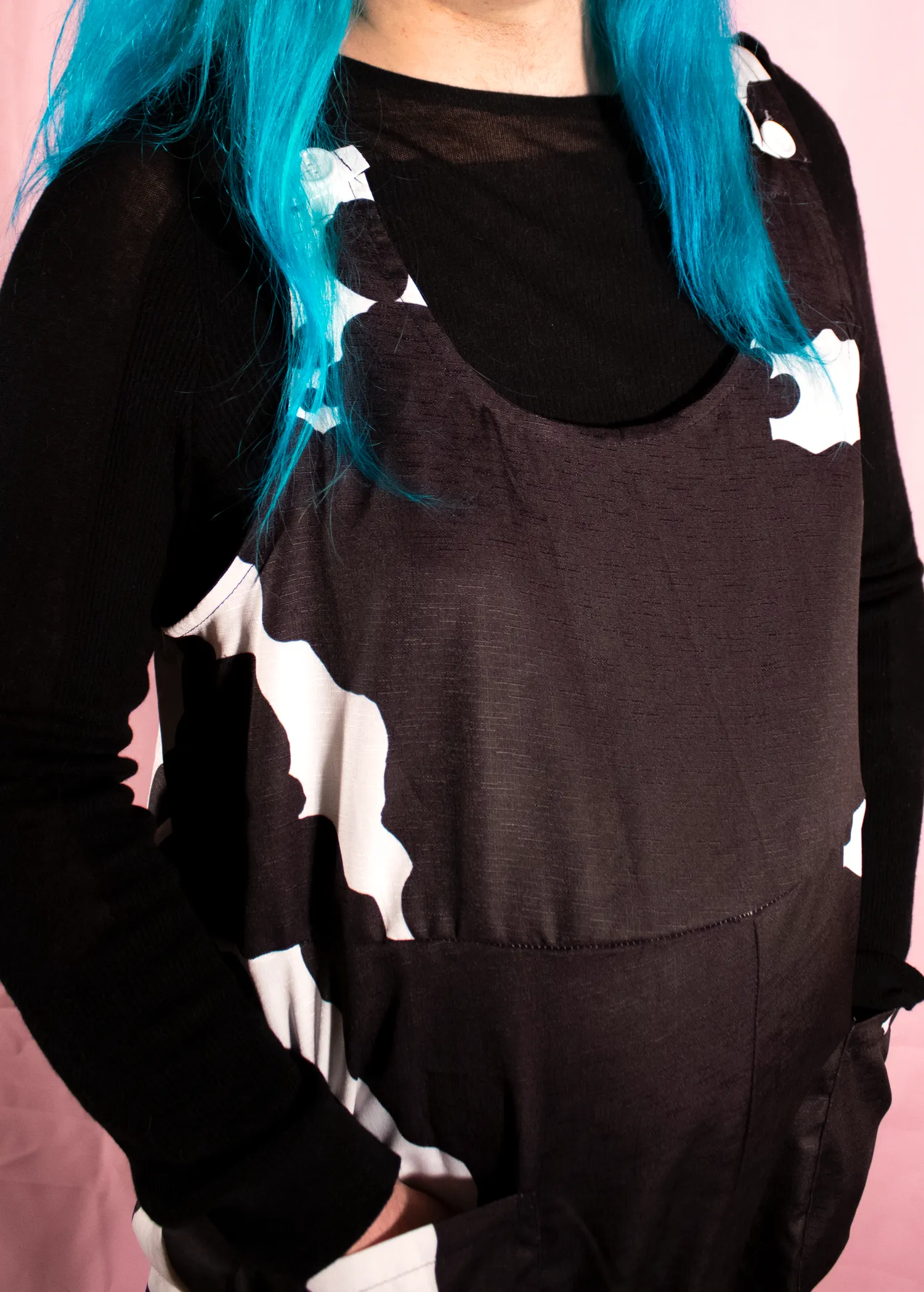XS Cow Print Dungarees in Blue