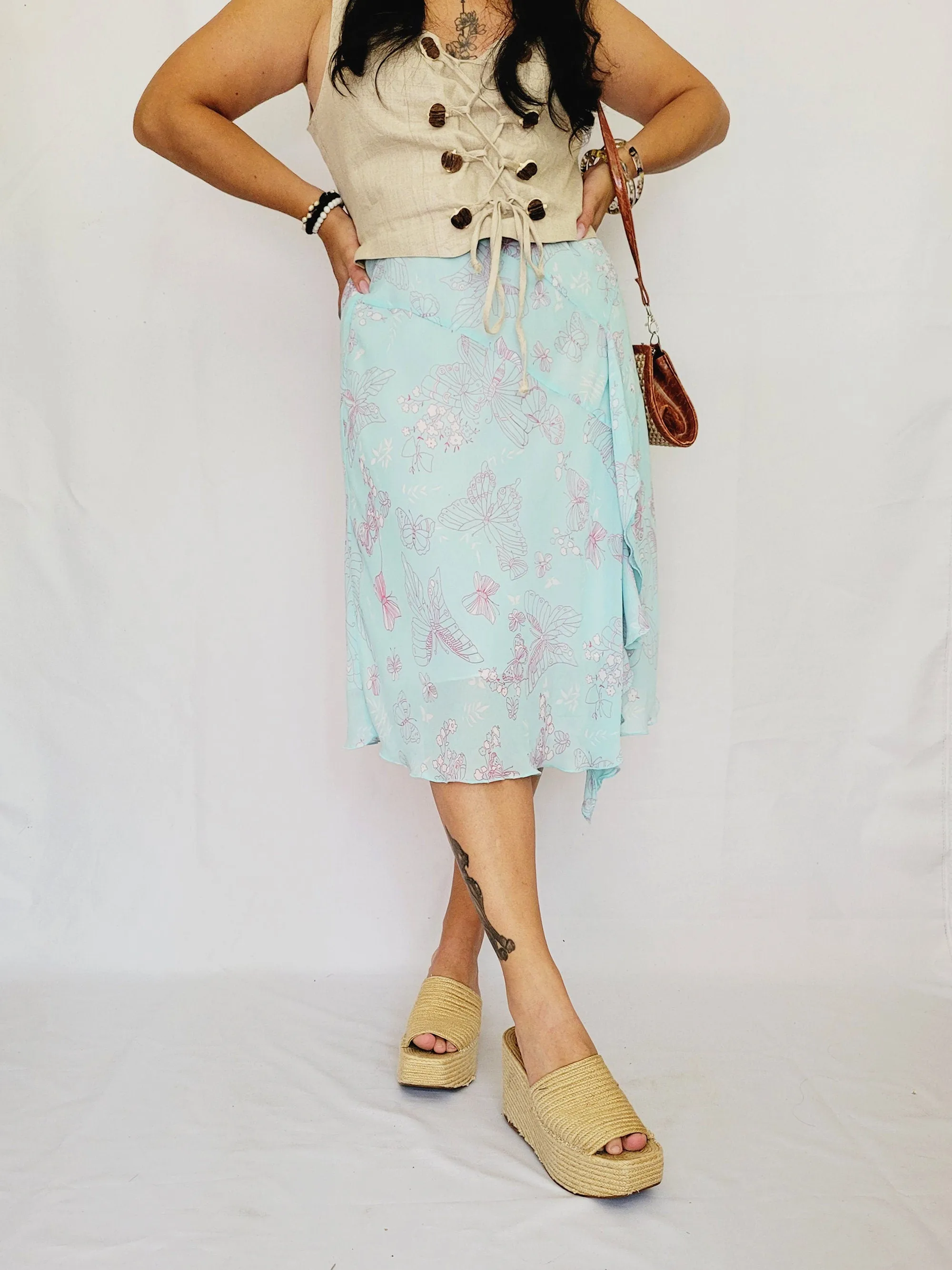 Y2K 00s retro baby blue butterfly summer minimalist skirt